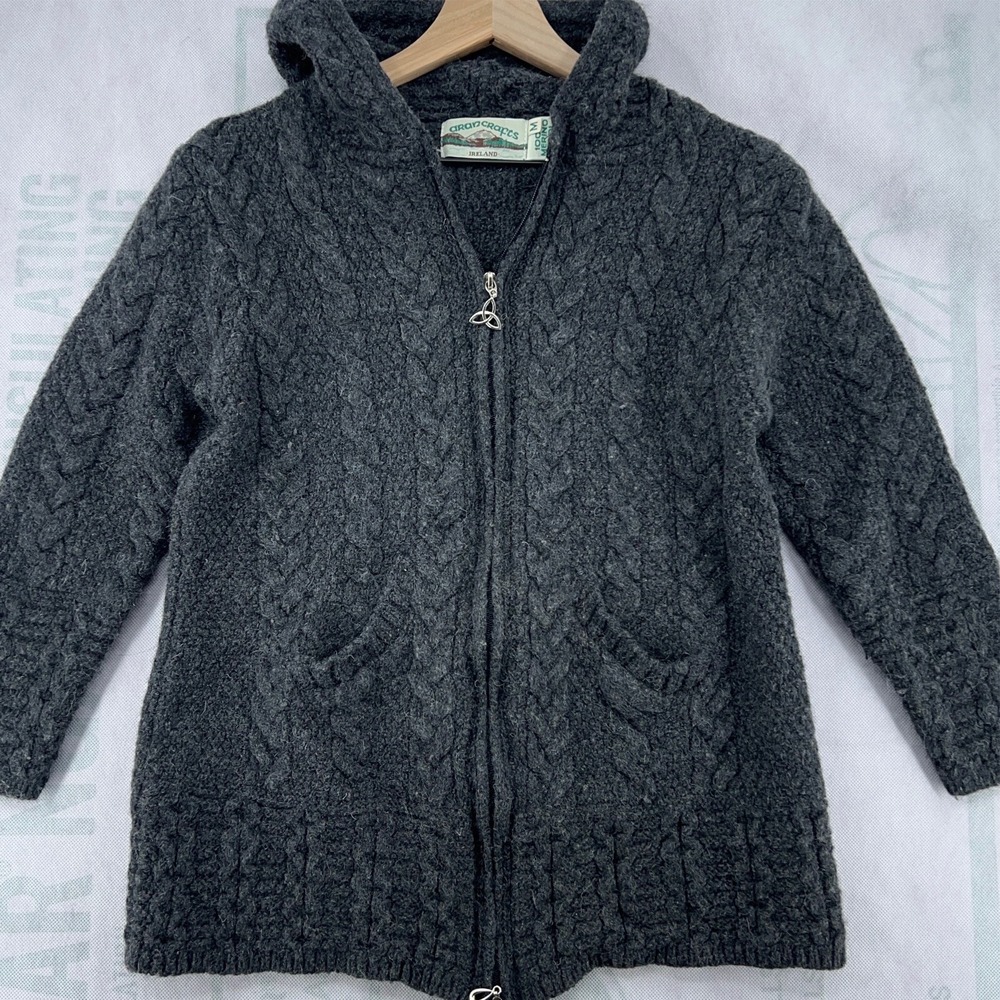 ARAN CRAFTS WOMEN'S HOODED ZIP CABLE-KNIT MERINO WOOL COATIGAN SWEATER - FITS XS